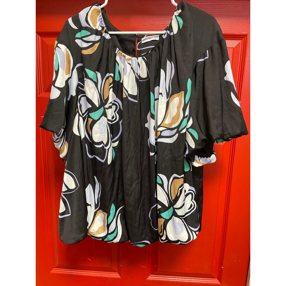 Nine West Womens 3X Floral Bubble Hem Blouse Black Short Sleeve Scoop Neck Top